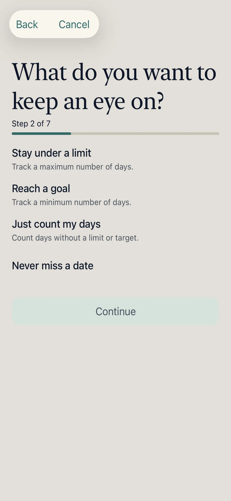 Nomentra’s tracker builder asking what you want to keep an eye on: stay under a limit, reach a goal, just count my days, or never miss a date.