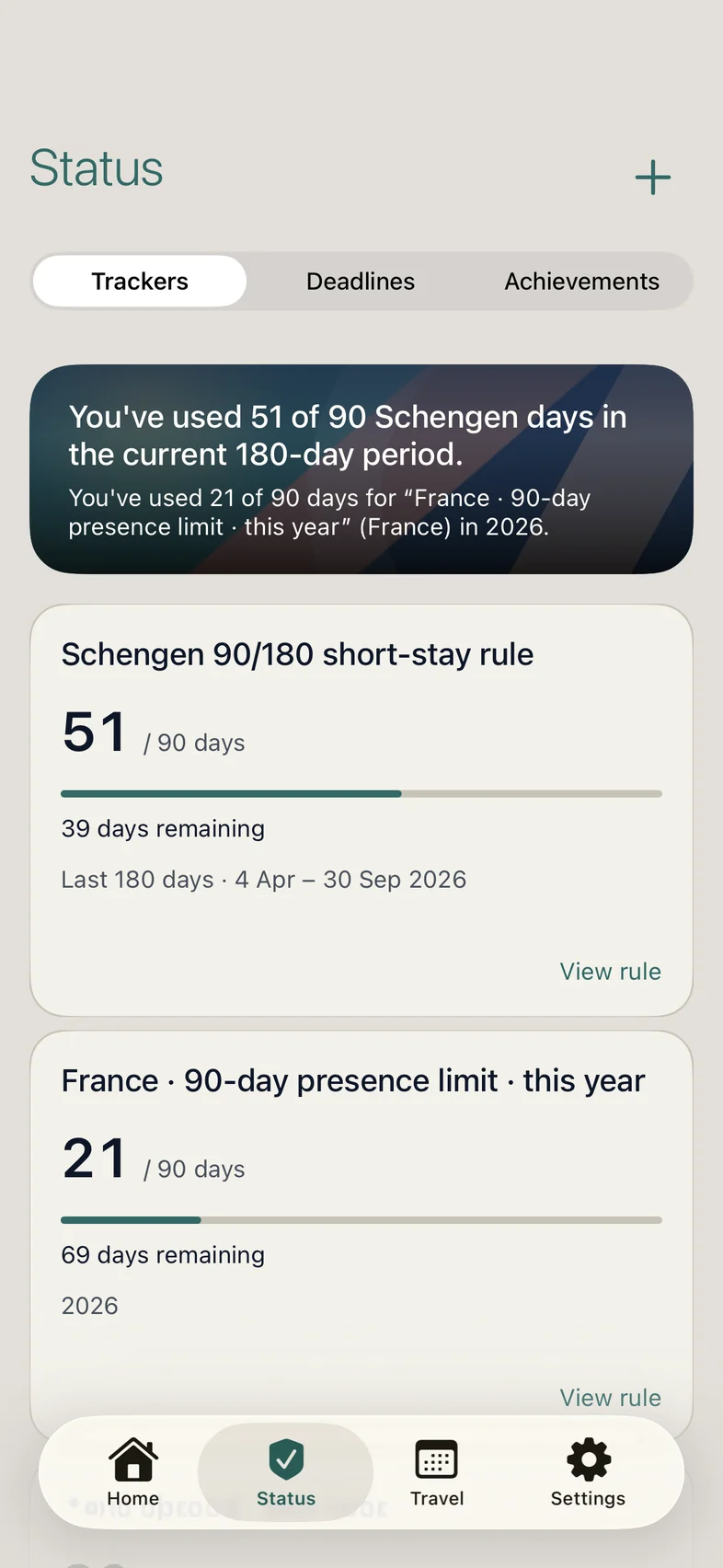 Nomentra’s Status screen with trackers: one at 51 of 90 days with 39 remaining, another at 21 of 90 days with 69 remaining.